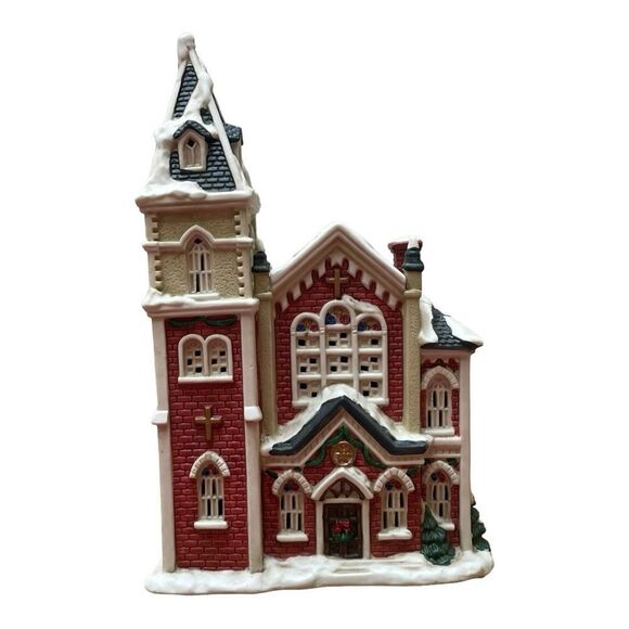 Vintage Mervyns Village Square  1998 Christmas Lighted Church Ceramic Very Rare - Picture 1 of 8